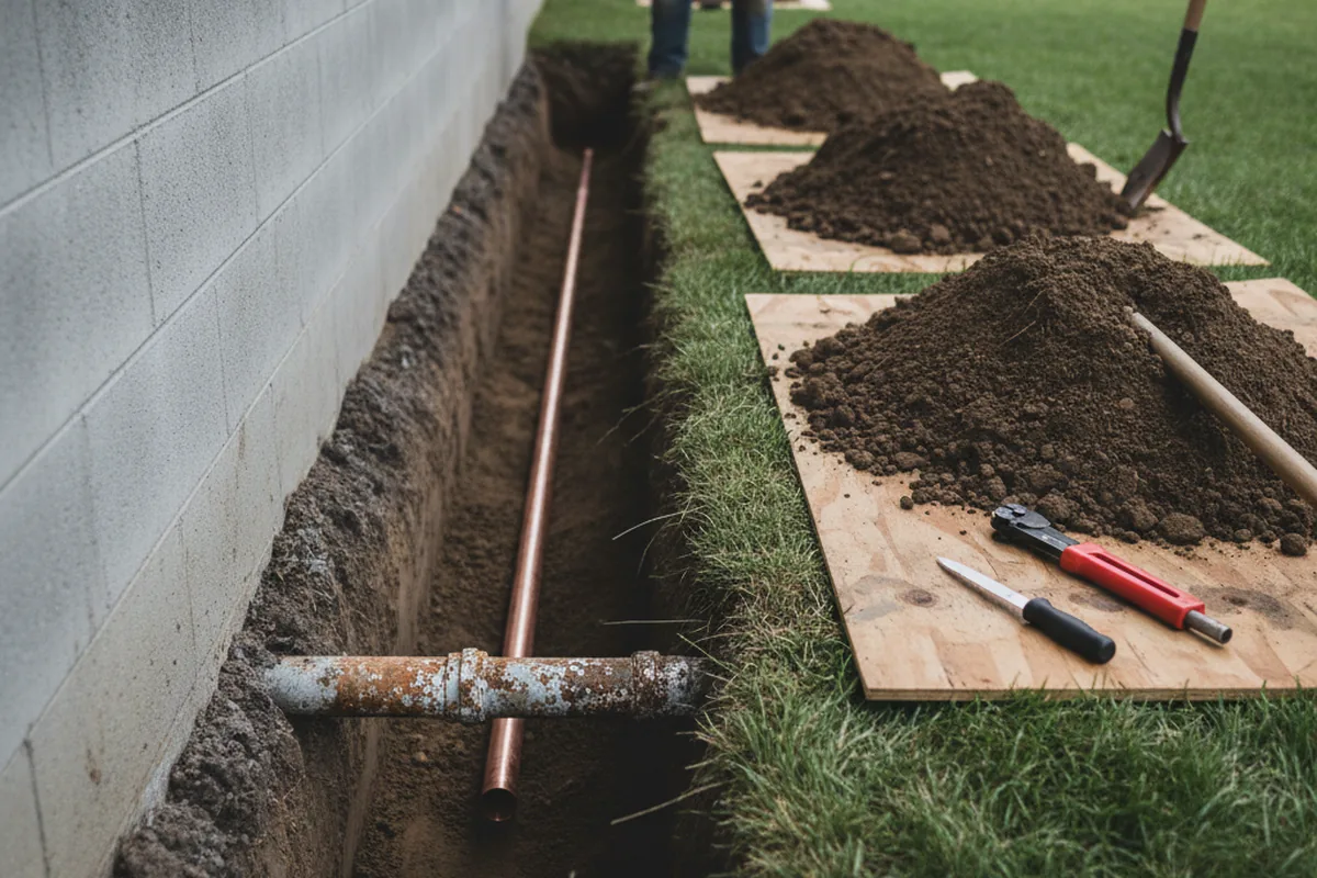 Excavated water line trench during Water Softener Installation in Coleman Falls